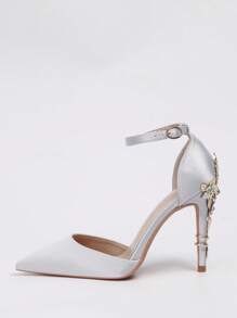歐美風格性感女性鞋,時髦高跟鞋婚鞋,尖頭高跟涼鞋帶金屬花朵設計 - 銀色 - 查看 3