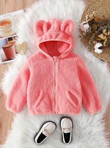 Kleines Mädchen Teddy Jacke mit 3D Ohr Design, Kapuze, Reißverschluss