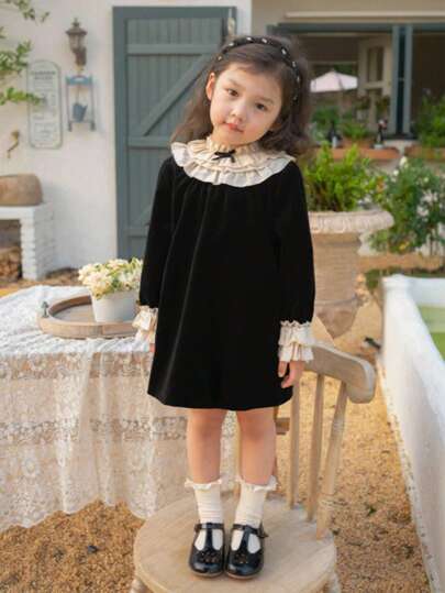 Girls' Vintage Elegant Black Velvet Long Sleeve Ruffle Collar Patchwork Princess Dress, Suitable For Spring And Autumn