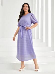 Mulvari Talla grande Vestido con cinturón de manga farol - Lila Púrpura - Ver 1