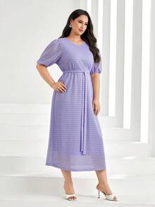 Mulvari Talla grande Vestido con cinturón de manga farol - Lila Púrpura - Ver 3