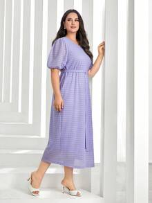 Mulvari Talla grande Vestido con cinturón de manga farol - Lila Púrpura - Ver 4