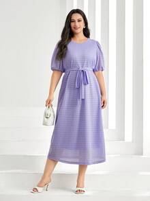 Mulvari Talla grande Vestido con cinturón de manga farol - Lila Púrpura - Ver 5