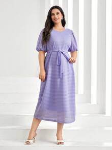 Mulvari Talla grande Vestido con cinturón de manga farol - Lila Púrpura - Ver 6