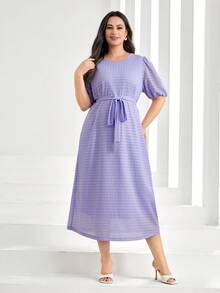 Mulvari Talla grande Vestido con cinturón de manga farol - Lila Púrpura - Ver 7