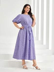 Seusyu 大碼泡泡袖繫腰帶洋裝 - 紫丁香色 - 查看 3