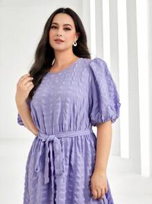 Seusyu 大碼泡泡袖繫腰帶洋裝 - 紫丁香色 - 查看 4