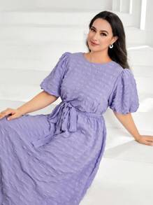 Seusyu 大碼泡泡袖繫腰帶洋裝 - 紫丁香色 - 查看 5