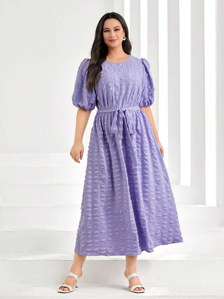 Plus Puff Sleeve Belted Dress