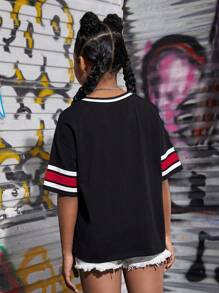 SHEIN Tween Girl Letter Graphic Striped Trim Drop Shoulder Tee - Black - View 2