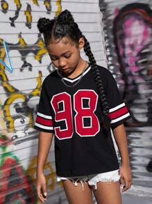 SHEIN Tween Girl Letter Graphic Striped Trim Drop Shoulder Tee - Black - View 3