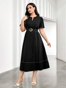 Mulvari Plus Top-stitching Notched Neckline Belted Dress - Black - View 1