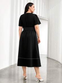 Mulvari Plus Top-stitching Notched Neckline Belted Dress - Black - View 2