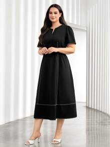 Mulvari Plus Top-stitching Notched Neckline Belted Dress - Black - View 3