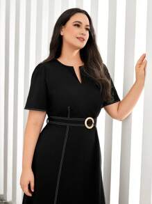 Mulvari Plus Top-stitching Notched Neckline Belted Dress - Black - View 4