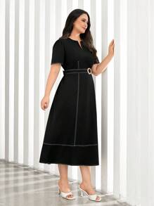 Mulvari Plus Top-stitching Notched Neckline Belted Dress - Black - View 5