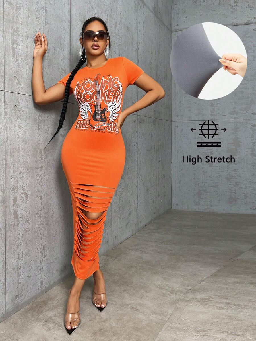 SHEIN SXY Đầm Bị tách Chia Lá thư Đồ họa Giải trí - trái cam - Xem 1