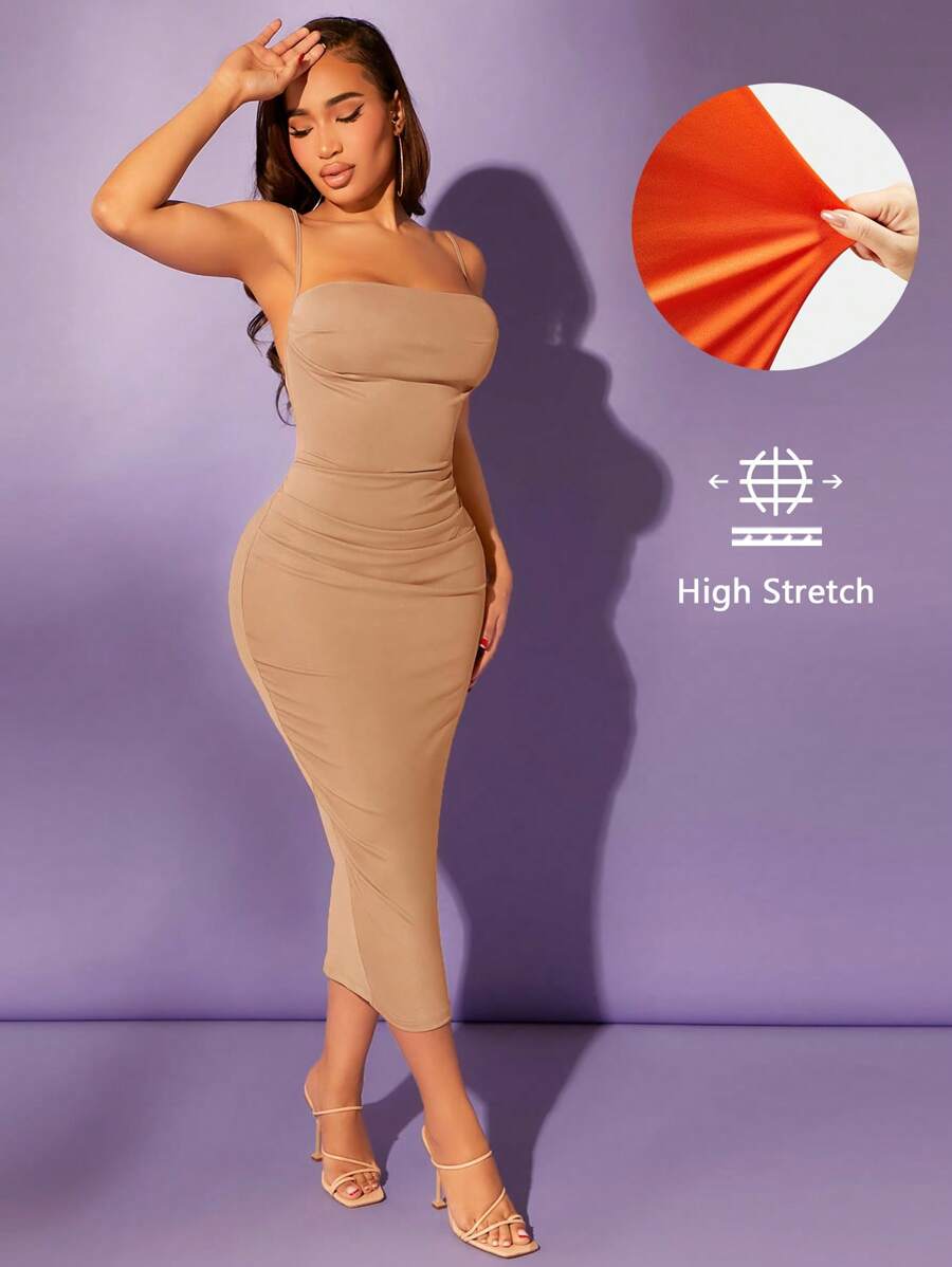 SHEIN SXY Vestido ajustado unicolor fruncido - Albaricoque - Ver 1