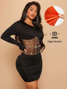 SHEIN SXY Rhinestone Decor Mesh Insert Bodycon Dress - Black - View 1