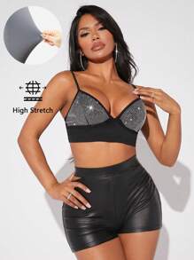 SHEIN SXY Áo khoác và áo lót dành cho xe tăng nữ Lộ Lưng Pha lê kim cương Khối Màu Buổi tiệc - màu đen - Xem 4