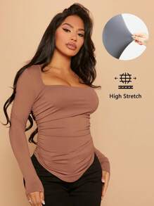 SHEIN SXY Square Neck Asymmetrical Hem Ruched Tee - Apricot - View 1