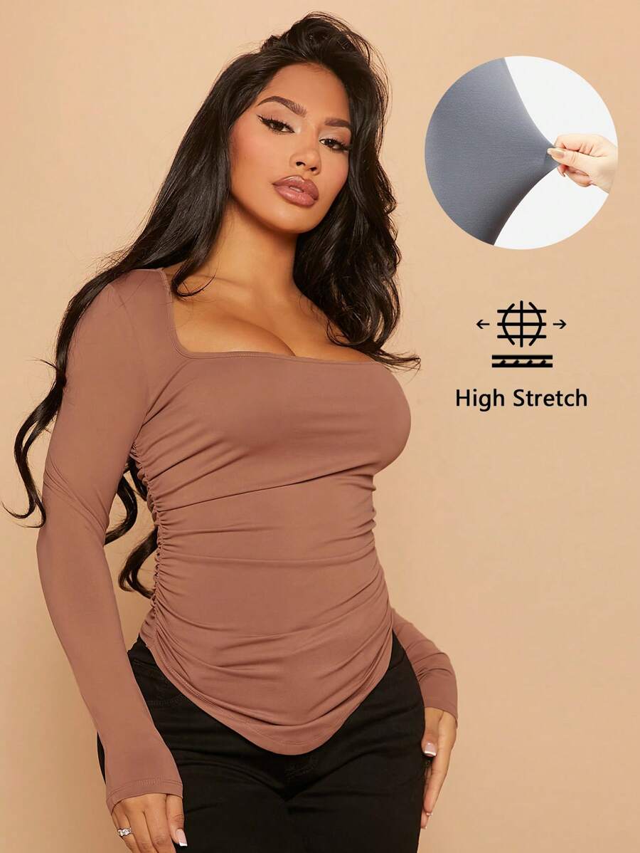 SHEIN SXY Square Neck Asymmetrical Hem Ruched Tee - Apricot - View 1