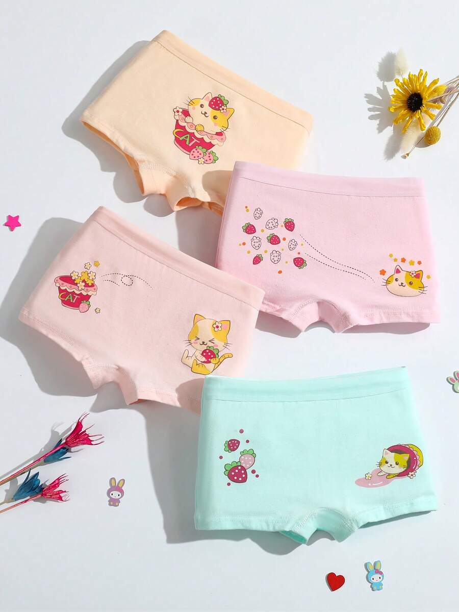 Young Girl 4pcs Cartoon Graphic Shortie - Multicolor - View 1
