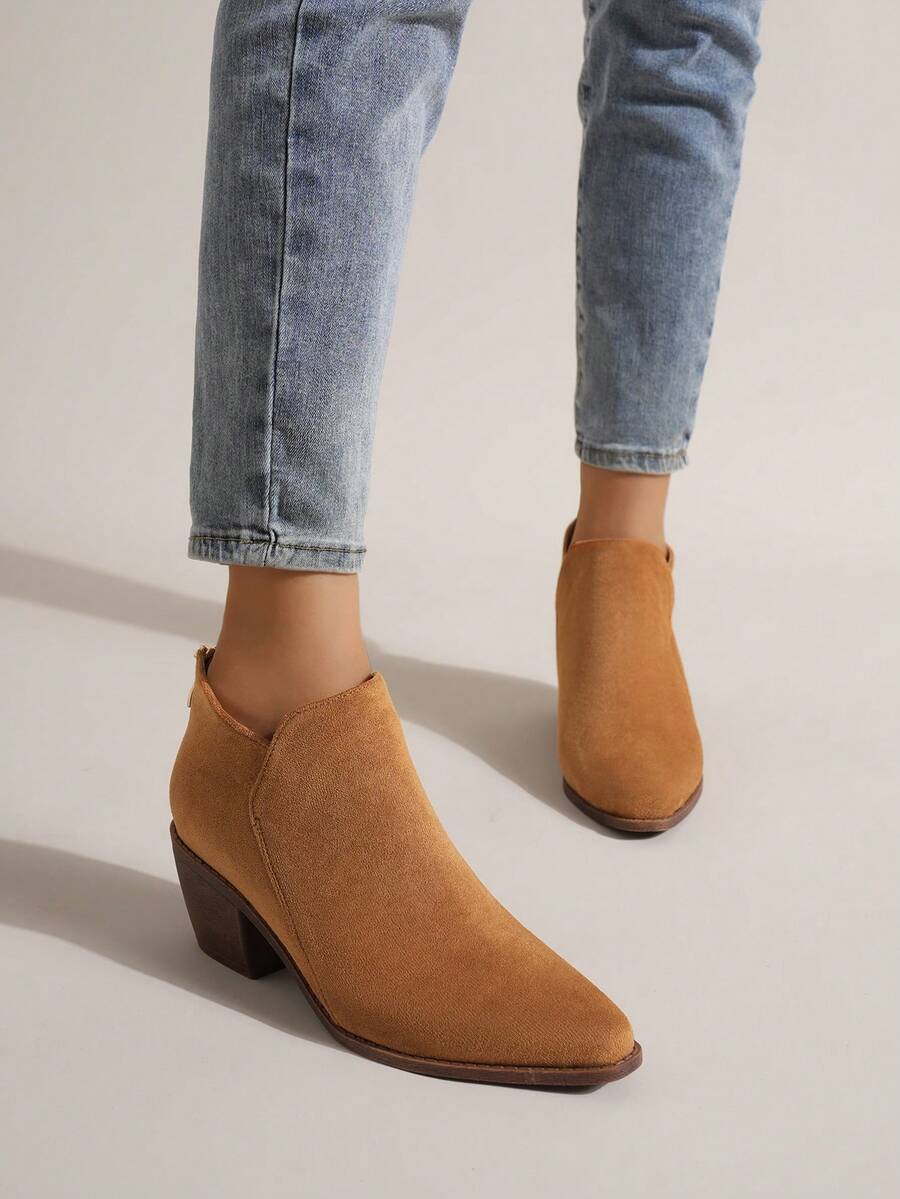 新品上架女性時尚尖頭粗跟切爾西靴 - 棕色 - 查看 1