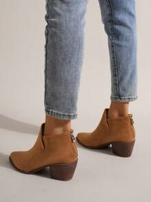 新品上架女性時尚尖頭粗跟切爾西靴 - 棕色 - 查看 2