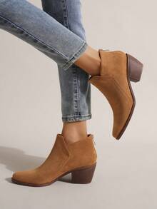 新品上架女性時尚尖頭粗跟切爾西靴 - 棕色 - 查看 3