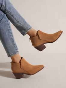 新品上架女性時尚尖頭粗跟切爾西靴 - 棕色 - 查看 4