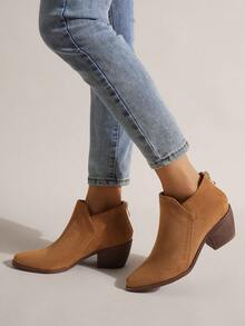 新品上架女性時尚尖頭粗跟切爾西靴 - 棕色 - 查看 5