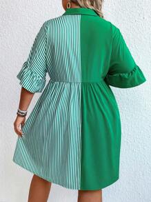 SHEIN LUNE Hơn In sọc tay áo lá sen Váy sơ mi - màu xanh lá - Xem 2