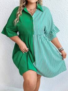 SHEIN LUNE Hơn In sọc tay áo lá sen Váy sơ mi - màu xanh lá - Xem 4