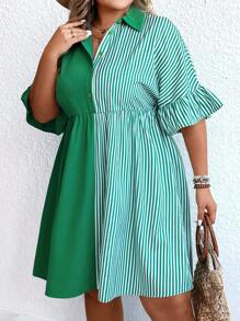 SHEIN LUNE Hơn In sọc tay áo lá sen Váy sơ mi - màu xanh lá - Xem 1