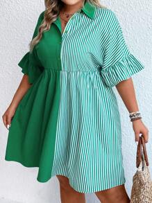 SHEIN LUNE Hơn In sọc tay áo lá sen Váy sơ mi - màu xanh lá - Xem 5