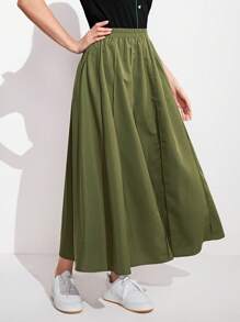 Mulvari 素色彈性腰帶喇叭半身裙 - 軍綠色 - 查看 4