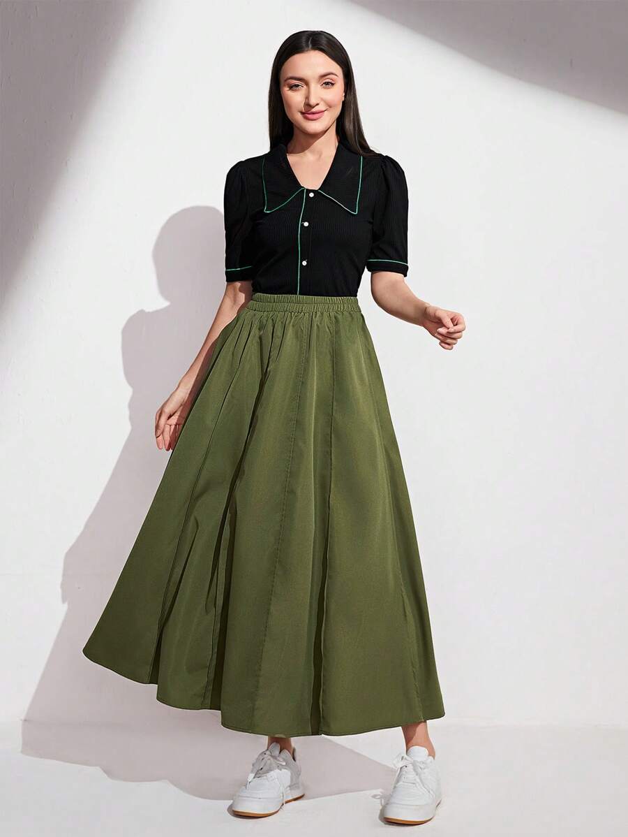 Mulvari 素色彈性腰帶喇叭半身裙 - 軍綠色 - 查看 1