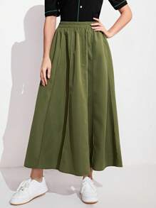 Mulvari 素色彈性腰帶喇叭半身裙 - 軍綠色 - 查看 5