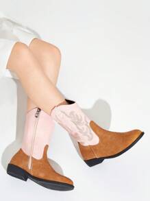 女孩雙色針腳細節側拉鏈學院靴子適用於戶外 - 彩色 - 查看 2