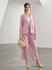 Seusyu 西裝領翻蓋細節西裝外套和褲子 - 淺粉色 - 查看 4