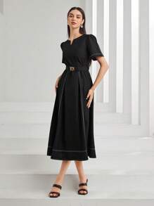 Seusyu 缺口領拼接車縫繫腰帶洋裝 - 黑色 - 查看 4
