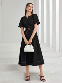 Seusyu 缺口領拼接車縫繫腰帶洋裝 - 黑色 - 查看 5