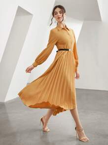 Mulvari Solid Pleated Hem Shirt Dress Without Belt - Orange - View 1
