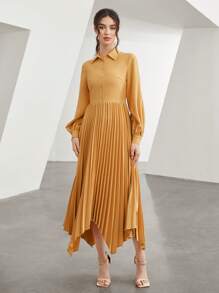 Mulvari Solid Pleated Hem Shirt Dress Without Belt - Orange - View 3