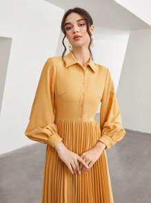 Mulvari Solid Pleated Hem Shirt Dress Without Belt - Orange - View 4