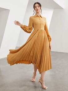 Mulvari Solid Pleated Hem Shirt Dress Without Belt - Orange - View 5