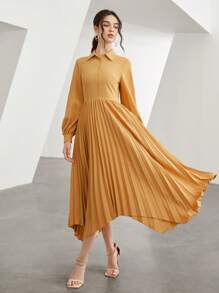 Mulvari Solid Pleated Hem Shirt Dress Without Belt - Orange - View 7
