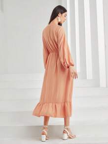 Mulvari Đường viền cổ có rãnh Tay áo lồng đèn Xù Hoa Sen Đầm - Màu Cam san hô - Xem 3