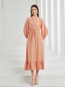 Mulvari Đường viền cổ có rãnh Tay áo lồng đèn Xù Hoa Sen Đầm - Màu Cam san hô - Xem 4